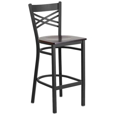 Flash Furniture Black ''x'' Back Metal Restaurant Barstool - Walnut Wood Seat In Gray