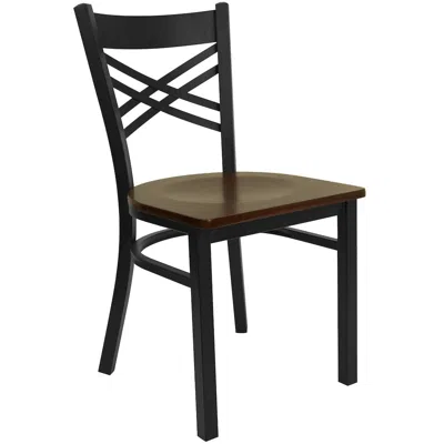 Flash Furniture Black ''x'' Back Metal Restaurant Chair - Mahogany Wood Seat