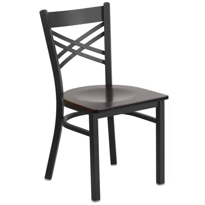 Flash Furniture Black ''x'' Back Metal Restaurant Chair - Walnut Wood Seat