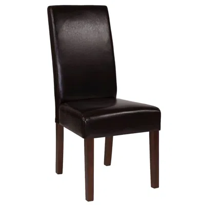 Flash Furniture Brown Leathersoft Upholstered Panel Back Mid-century Parsons Dining Chair In Black