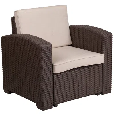 Flash Furniture Chocolate Brown Faux Rattan Chair With All-weather Beige Cushion