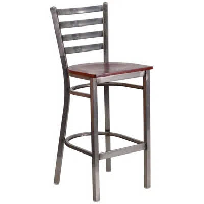 Flash Furniture Clear Coated Ladder Back Metal Restaurant Barstool - Mahogany Wood Seat In Gray