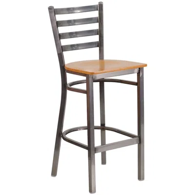 Flash Furniture Clear Coated Ladder Back Metal Restaurant Barstool - Natural Wood Seat In Gray