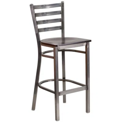 Flash Furniture Clear Coated Ladder Back Metal Restaurant Barstool - Walnut Wood Seat In Silver