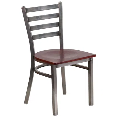 Flash Furniture Clear Coated Ladder Back Metal Restaurant Chair - Mahogany Wood Seat In Brown