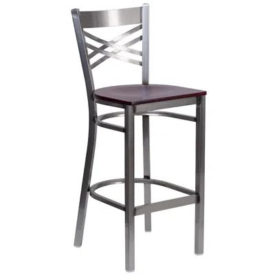 Flash Furniture Clear Coated ''x'' Back Metal Restaurant Barstool - Mahogany Wood Seat In Gray