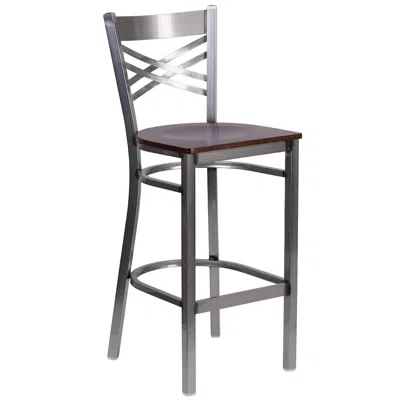 Flash Furniture Clear Coated ''x'' Back Metal Restaurant Barstool - Walnut Wood Seat In Black