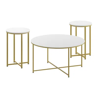 Flash Furniture Coffee And End Table Set - White Top With Brushed Gold Crisscross Frame, 3 Piece