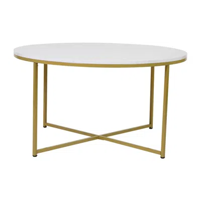 Flash Furniture Coffee Table - White Marble Finish Accent Table With Brushed Gold Frame