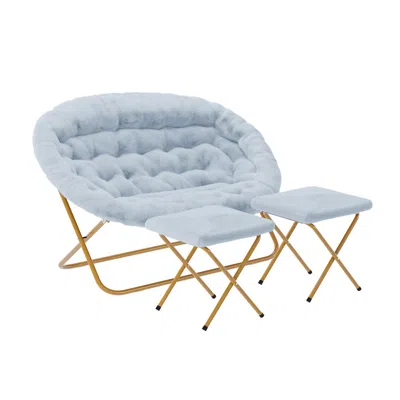 Flash Furniture Contemporary Double Saucer Chair With 2 Ottomans, Aqua Fabric/soft Gold Frame In Blue