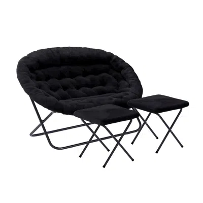 Flash Furniture Contemporary Double Saucer Chair With 2 Ottomans, Black Fabric/black Frame