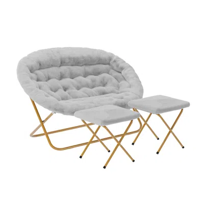 Flash Furniture Contemporary Double Saucer Chair With 2 Ottomans, Gray Fabric/soft Gold Frame