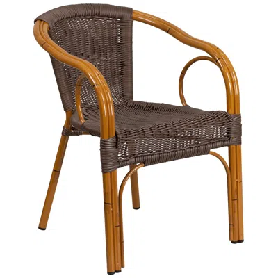 FLASH FURNITURE DARK BROWN RATTAN RESTAURANT PATIO CHAIR WITH RED BAMBOO-ALUMINUM FRAME