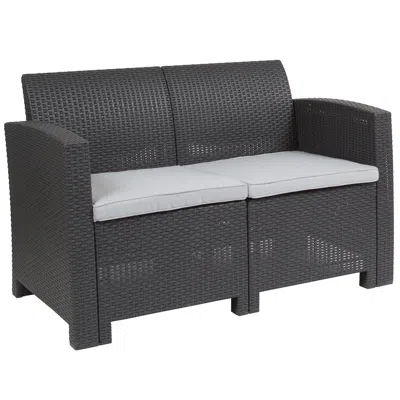 Flash Furniture Dark Gray Faux Rattan Loveseat With All-weather Seneca Light Gray Cushions