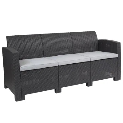 Flash Furniture Dark Gray Faux Rattan Sofa With All-weather Seneca Light Gray Cushions In Black