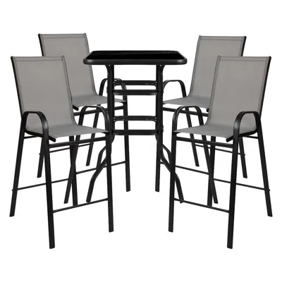 Flash Furniture Dining Set - 4-person Bistro Set - Brazos Glass Bar Table With Gray Patio Stools