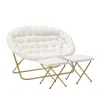 Flash Furniture Double Saucer Chair With 2 Ottomans, Ivory Faux Shearling Fabric/soft Gold Frame In White
