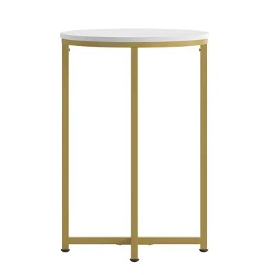 FLASH FURNITURE END TABLE - MODERN WHITE FINISH ACCENT TABLE WITH CRISSCROSS BRUSHED GOLD FRAME