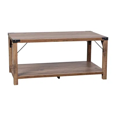 Flash Furniture Farmhouse Wooden 2 Tier Coffee Table With Black Metal Corner Accents, Oak In Brown