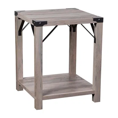 Flash Furniture Farmhouse Wooden 2 Tier End Table With Black Metal Corner Accents, Gray Wash In Brown