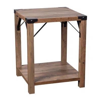 Flash Furniture Farmhouse Wooden 2 Tier End Table With Black Metal Corner Accents, Oak In Brown