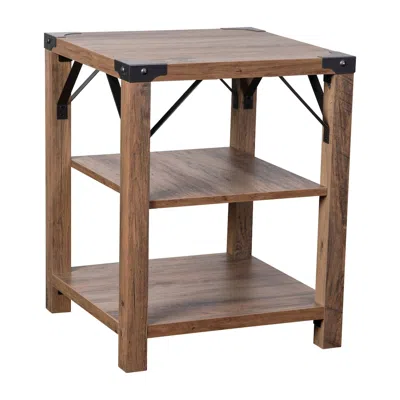 Flash Furniture Farmhouse Wooden 3 Tier End Table With Black Metal Corner Accents, Oak In Brown
