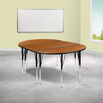 Flash Furniture Goddard 3 Piece 86" Oval Wave Flexible Thermal Laminate Activity Table Set With Height Adjustable Le In Oak