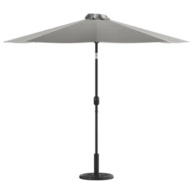 Flash Furniture Gray 9 Ft Round Umbrella With Crank And Tilt Function And Standing Umbrella Base
