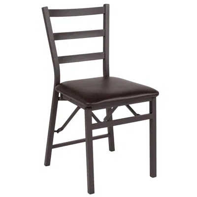 Flash Furniture Hercules Series Brown Folding Ladder Back Metal Chair With Brown Vinyl Seat In Black