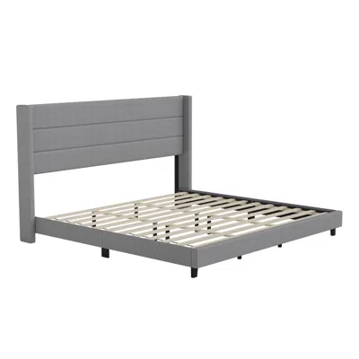 Flash Furniture King Upholstered Platform Bed With Wingback Headboard, Gray Faux Linen