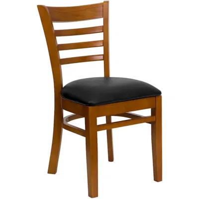 Flash Furniture Ladder Back Cherry Wood Restaurant Chair - Black Vinyl Seat In Brown