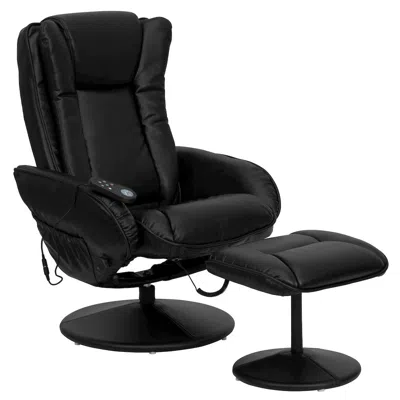 Flash Furniture Massaging Plush Recliner With Side Pocket And Ottoman In Black Leathersoft