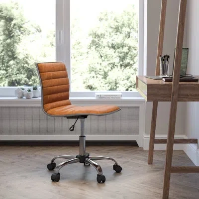 Flash Furniture Merchiston Low-back Modern Ribbed Upholstered Vinyl Swivel Desk Chair In Vinyl Brown,silver