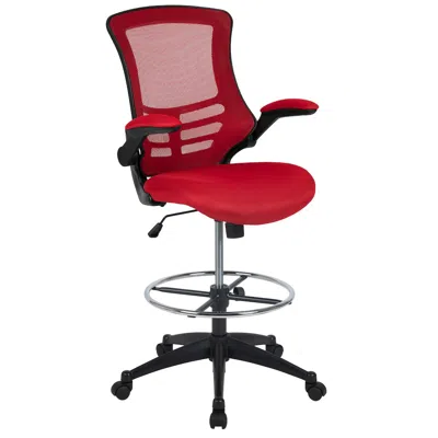 Flash Furniture Mid-back Red Mesh Drafting Chair With Adjustable Foot Ring And Flip-up Arms