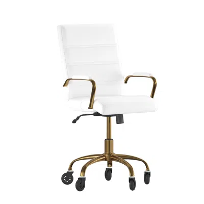 Flash Furniture Mid-back White Executive Swivel Office Chair With Gold Frame, Arms,