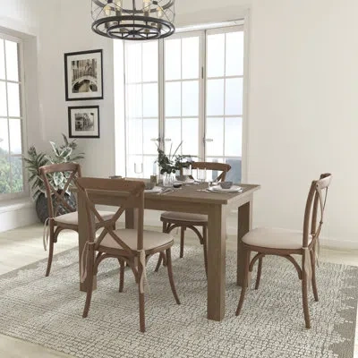 Flash Furniture Montana 46" X 30" Antique Rustic Farm Table Set With 4 Cross Back Chairs And Cushions In Wood Grain