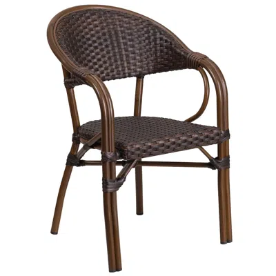 FLASH FURNITURE O DARK BROWN RATTAN RESTAURANT PATIO CHAIR WITH RED BAMBOO-ALUMINUM FRAME