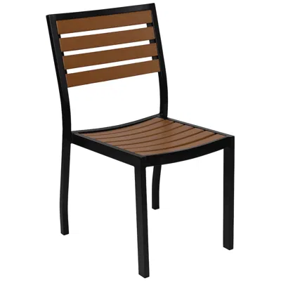Flash Furniture Outdoor Stackable Side Chair With Faux Teak Poly Slats In Brown
