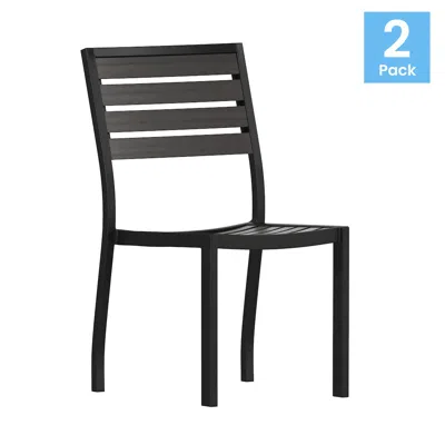 Flash Furniture Outdoor Stackable Side Chair With Gray Wash Faux Teak Poly Slats, Set Of 2 In Black