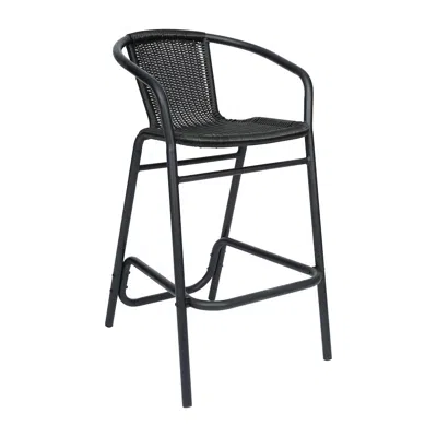 Flash Furniture Pe Rattan Restaurant Barstool With Black Aluminum Frame And Footrest In Black
