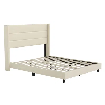 Flash Furniture Queen Upholstered Platform Bed With Wingback Headboard, Beige Faux Linen In White