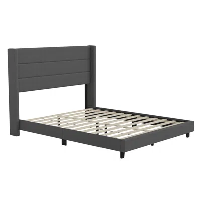 Flash Furniture Queen Upholstered Platform Bed With Wingback Headboard, Charcoal Faux Linen In Gray