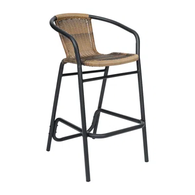 Flash Furniture Rattan Restaurant Barstool With Black Aluminum Frame And Footrest, Medium Brown