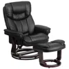 Flash Furniture Recliner And Curved Ottoman With Swivel Mahogany Wood Base In Black Leathersoft In Black