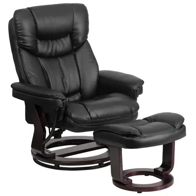 Flash Furniture Recliner And Curved Ottoman With Swivel Mahogany Wood Base In Black Leathersoft