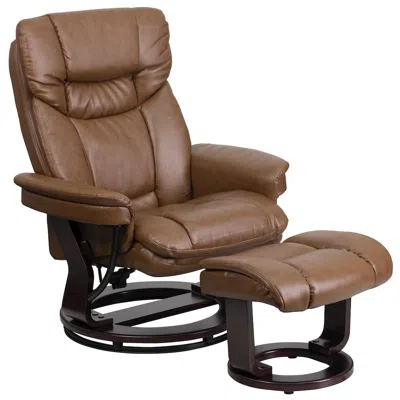 Flash Furniture Recliner And Ottoman With Swivel Mahogany Wood Base In Palimino Leathersoft In Brown