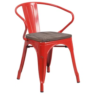 Flash Furniture Red Metal Chair With Wood Seat And Arms