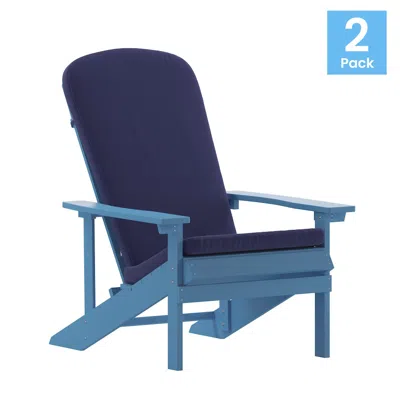 Flash Furniture Set Of 2 Adirondack Chairs In Blue With Blue Cushions For Deck, Porch, And Patio