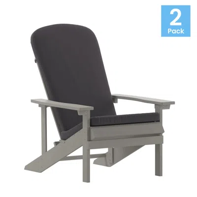 Flash Furniture Set Of 2 Adirondack Chairs In Gray With Gray Cushions For Deck, Porch, And Patio