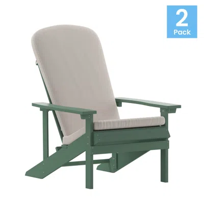 Flash Furniture Set Of 2 Adirondack Chairs In Green With Cream Cushions, Porch, And Patio In Multi